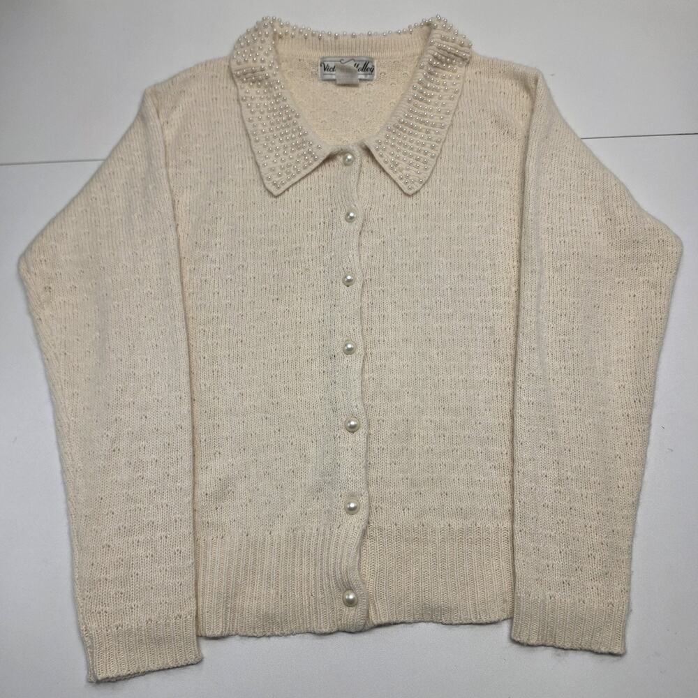 Vintage 80s Victoria Holley Cream Cardigan Sweater Pearl Collar Silk Angora Lrg
